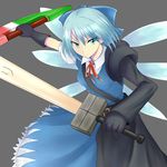  adapted_costume advent_cirno blue_eyes blue_hair bow cirno detached_wings dual_wielding hair_bow highres holding ice ice_wings long_sleeves puffy_sleeves short_sleeves solo sword touhou tsukigano weapon wings 