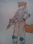  anthro armor atesi atesi_(rgfb) big_breasts breasts canine clothing female fox gun mammal plain_background ranged_weapon redgreenfluffball redgreenfluffball(artist) rifle solo tar_21 tavor_21 tavor_tar-21 weapon 