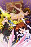  armor belt blonde_hair blue_eyes bodysuit breasts brown_hair buckle censored chair convenient_censoring covered_nipples fate_testarossa hair_ribbon lyrical_nanoha magical_girl mahou_shoujo_lyrical_nanoha mahou_shoujo_lyrical_nanoha_a's mahou_shoujo_lyrical_nanoha_the_movie_2nd_a's master_woo medium_breasts multiple_girls naked_belt nude open_mouth puffy_sleeves purple_eyes raising_heart red_eyes ribbon short_twintails skin_tight takamachi_nanoha tome_of_the_night_sky twintails yagami_hayate 
