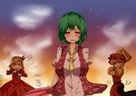  aki_minoriko aki_shizuha arms_behind_back ascot blowing blush breasts closed_eyes green_hair hair_ornament hat kazami_yuuka large_breasts leaf maple_leaf multiple_girls rivalry short_hair siblings sisters takorice touhou umbrella vest 