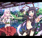  \m/ architecture black_hair breasts east_asian_architecture flower green_eyes hydrangea japanese_clothes lake letterboxed long_hair multiple_girls navel original pink_eyes pink_hair ribbon scenery sharp_teeth skirt slit_pupils small_breasts smile tea teeth toraishi_666 tray tree 