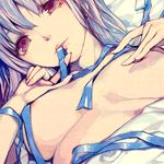  areolae bad_id bad_pixiv_id blue_hair breasts copyright_request face kimura_daisuke lips looking_at_viewer medium_breasts nipples red_eyes ribbon solo 