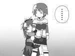  2girls arm_hug cape comic constricted_pupils detached_sleeves gogiga_gagagigo gradient gradient_background greyscale hair_ribbon height_difference magical_girl mahou_shoujo_madoka_magica miki_sayaka monochrome multiple_girls ponytail ribbon sakura_kyouko skirt spoken_ellipsis thighhighs younger 