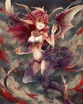  bare_shoulders claws dragon dragon_girl fang horns long_hair monster_girl nemu_(isaya) original red_eyes red_hair solo tail thighhighs wings 
