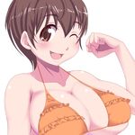  ;d bikini breasts brown_eyes brown_hair flexing frilled_bikini frills idolmaster idolmaster_cinderella_girls katuhata large_breasts oikawa_shizuku one_eye_closed open_mouth pose short_hair simple_background smile solo swimsuit white_background 