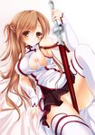  asuna_(sao) blush breasts brown_eyes brown_hair detached_sleeves holding large_breasts looking_at_viewer lying minakami_rinka no_panties skirt solo sword sword_art_online thighhighs torn_clothes weapon white_legwear 