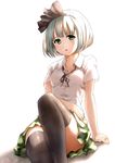  bad_id bad_pixiv_id black_hairband black_legwear blush collarbone dress_shirt green_eyes hair_ribbon hairband konpaku_youmu open_mouth ribbon shirt short_hair short_sleeves silver_hair skirt solo takahata_yuki thighhighs touhou 