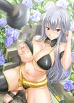  adjusting_hair akino_hamo bikini blue_flower blue_rose blush breasts cleavage curvy feet flower grabbing highres huge_breasts long_hair looking_at_viewer navel parted_lips pov red_eyes rose sandals self_fondle selvaria_bles senjou_no_valkyria senjou_no_valkyria_1 showering silver_hair single_thighhigh solo squatting strap_gap swimsuit thighhighs very_long_hair water wet 