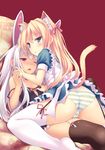  animal_ears aqua_eyes ass black_legwear blonde_hair blush breast_grab breasts bunny_ears cameltoe cat_ears cat_tail garter_straps grabbing looking_at_viewer lying multiple_girls on_back original panties purple_eyes ryo silver_hair striped striped_panties tail thigh_straddling thighhighs underwear white_legwear 