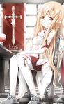 armor asuna_(sao) blonde_hair chair cup detached_sleeves drinking_glass glass highres long_hair red_eyes sitting skirt solo sword sword_art_online table thighhighs umagenzin weapon white_legwear wine_glass 