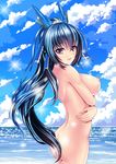  :d absurdres ass back bad_id bad_pixiv_id bangs blue_hair breast_hold breasts cloud cowboy_shot crossed_arms day from_side hair_ornament high_ponytail highres honda_futayo kyoukaisenjou_no_horizon large_breasts long_hair looking_at_viewer looking_back mizutsuki_rei nipples nude ocean open_mouth outdoors ponytail purple_eyes sky smile solo sparkle stand standing very_long_hair water 