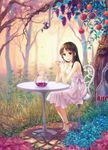  apple brown_eyes brown_hair chair cup dress dripping faucet food fruit high_heels highres holding jug juice long_hair looking_at_viewer original shoes sitting smile solo sundress table tree yamyom 