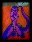  anthro blue_nipples blush breasts claws dragon female fins horn lavender looking_at_viewer nipples nude purple purple_body redgreenfluffball scalie solo 