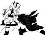  archer archer_(cosplay) battle blood boots cosplay drawfag dual_persona fate/stay_night fate_(series) greyscale kanshou_&amp;_bakuya knee_boots long_hair monochrome multiple_girls skirt stabbed stabbing sword thighhighs toosaka_rin twintails weapon zettai_ryouiki 