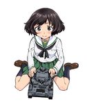  akiyama_yukari bangs black_legwear blouse brown_eyes brown_footwear brown_hair full_body girls_und_panzer green_skirt ground_vehicle loafers long_sleeves messy_hair military military_vehicle miniskirt motor_vehicle neckerchief official_art ooarai_school_uniform panzerkampfwagen_iv pleated_skirt saitaniya_ryouichi school_uniform serafuku shoes short_hair simple_background sitting skirt smile socks solo tank wariza white_background white_blouse world_war_ii 