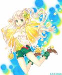  :d belt bubble c.c._lemon c.c._lemon_(character) character_name copyright_name green_eyes hair_bobbles hair_ornament looking_at_viewer open_mouth outstretched_arm shorts side_ponytail silver_hair smile solo yamyom 