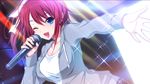  akino_subaru blue_eyes casual game_cg hair_ribbon hatsukoi_1/1 karaoke looking_at_viewer music one_eye_closed outstretched_hand ponytail red_hair ribbon side_ponytail singing solo sweatshirt tsukishima_kyou 