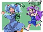  2girls :3 backpack bag blush_stickers closed_eyes crossover demon_tail demon_wings fang hair_bobbles hair_ornament hand_net hat hat_removed headwear_removed horns kawashiro_nitori long_hair long_sleeves multiple_girls open_mouth ponytail purple_hair running sandals sengoku_collection short_hair simple_background suspenders tail tears touhou tsukahara_bokuden_(sengoku_collection) two_side_up v-shaped_eyebrows wavy_mouth wings zassou_maruko 