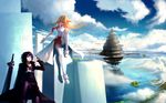  1girl aincrad asuna_(sao) black_hair blackrabbitsoul blonde_hair cloud copyright_name day fingerless_gloves floating_castle gloves kirito long_hair short_hair sitting sky sword sword_art_online thighhighs wallpaper weapon white_legwear 