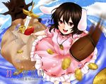  :d animal_ears bad_id bad_pixiv_id brown_hair bunny_ears coin fish highres inaba_tewi jewelry mallet naxia necklace open_mouth pearl_necklace red_eyes sack short_hair smile solo sword touhou weapon 
