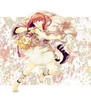  1girl ali_baba_saluja arabian_clothes barefoot blonde_hair carrying carrying_over_shoulder cross-laced_footwear dress feet kakuu magi_the_labyrinth_of_magic morgiana one_side_up red_eyes red_hair running white_dress yellow_eyes 