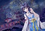  aerial_fireworks architecture bad_id bad_pixiv_id bare_shoulders chinese_clothes east_asian_architecture fireworks green_eyes hair_rings hanfu luo_tianyi night solo vocaloid vocanese 