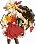  ascot bad_id bad_pixiv_id blonde_hair crystal flandre_scarlet hat hat_ribbon kamino pantyhose puffy_sleeves red_eyes ribbon short_hair short_sleeves side_ponytail smile solo touhou wings wrist_cuffs 