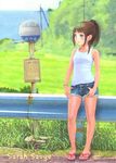  bad_id bad_pixiv_id banned_artist blue_eyes brown_hair bus_stop cutoffs denim denim_shorts feet flip-flops guard_rail legs looking_away original rural sandals sarah_sauge short_hair short_ponytail short_shorts shorts sign solo standing tank_top waiting 