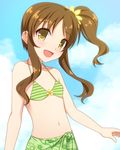  :d bangs bikini blush brown_eyes brown_hair cloud day flat_chest floral_print flower green_sarong hair_flower hair_ornament head_tilt high_ponytail idolmaster idolmaster_cinderella_girls long_hair looking_at_viewer midriff navel open_mouth outdoors parted_bangs print_sarong sarong side_ponytail sidelocks sky smile solo striped striped_bikini sunflower swimsuit takamori_aiko totokichi upper_body wavy_hair yellow_eyes 