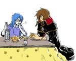  1girl alcohol alien blue_hair blue_skin brown_hair drunk eyepatch food fruit harlock holding holding_food holding_fruit miime orange peeling scar transparent_background uchuu_kaizoku_captain_harlock 