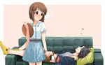  black_hair blush bob_cut brown_eyes brown_hair couch hagiwara_yukiho holding_hands idolmaster idolmaster_(classic) kikuchi_makoto multiple_girls pillow short_hair sleeping sleeves_pushed_up socks tokage_(seiga5989326) tray watch wristwatch yellow_legwear 