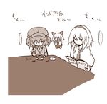  2girls alice_margatroid arm_up blush book capelet frown hairband hat holding jewelry kawashiro_nitori key kumo_(atm) monochrome multiple_girls necklace necktie one_eye_closed partially_translated reading screw screwdriver shanghai_doll short_hair sitting touhou translation_request two_side_up 