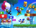  3d 4boys facial_hair gloves goomba hat looking_at_viewer luigi male male_focus mario mario_(series) multiple_boys mustache new_super_mario_bros. new_super_mario_bros._u official_art overalls rainbow smile super_mario_bros. toad toad_(mario) wings yoshi 