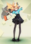  animal_ears bag black_legwear blonde_hair brown_eyes bunny_ears headphones long_hair nishinogi open_mouth original pantyhose skirt solo 