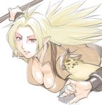  alien animal_print antenna_hair breasts brown_eyes cheetara cleavage downblouse grin long_hair looking_at_viewer medium_breasts pointy_ears sketch smile solo staff thundercats ueyama_michirou white_background 