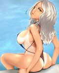  ass bad_id bad_pixiv_id breasts brown_eyes from_behind ginji74 hair_over_one_eye large_breasts lips looking_back one-piece_tan original parted_lips see-through sideboob silver_hair sitting slingshot_swimsuit solo swimsuit tan tanline 