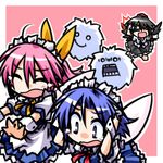  &gt;_&lt; ^_^ ahoge black_hair blue_eyes blue_hair camera closed_eyes fairy_maid hair_ribbon hat hemogurobin_a1c kedama maid maid_headdress multiple_girls open_mouth pink_hair ribbon shameimaru_aya short_hair skirt smile tears tokin_hat touhou wings 