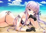  arm_support beach bikini black_bikini black_gloves blush braid curvy danganronpa danganronpa_1 day gloves hair_ribbon kirigiri_kyouko long_hair looking_at_viewer lying navel ninoko ocean off_shoulder on_side purple_eyes purple_hair ribbon shiny shiny_skin side-tie_bikini single_braid solo strap_gap strap_slip sweat swimsuit tsurime wide_hips 