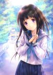  black_hair chitanda_eru goto_p hands_clasped head_tilt hyouka long_hair own_hands_together purple_eyes school school_uniform serafuku skirt smile solo tareme tree 