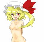  arms_behind_back bad_id bad_pixiv_id blonde_hair bow breasts fang flandre_scarlet hat hat_bow jpeg_artifacts medium_breasts nipples nude open_mouth red_eyes short_hair side_ponytail solo syannhai-doll touhou 