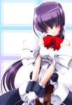  bangs blush bodysuit breasts gloves hair_over_eyes hisame_genta kyoukaisenjou_no_horizon long_hair medium_breasts mukai_suzu pantyhose ponytail purple_hair ribbon 