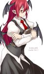  bat_wings belt bespectacled book demon_wings glasses head_wings koakuma long_hair long_sleeves necktie oso_(toolate) pointy_ears puffy_sleeves red_eyes red_hair red_neckwear shirt simple_background solo touhou untucked_shirt white_background wings 