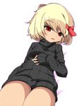  blonde_hair bottomless hair_ribbon looking_at_viewer lying naked_sweater no_pants on_back red_eyes ribbed_sweater ribbon rumia shamo_(koumakantv) short_hair solo sweater touhou 