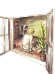  alcohol blonde_hair bracelet brown_hair cup drinking_glass fate/zero fate_(series) from_behind gilgamesh jewelry kotomine_kirei m0towaka multiple_boys necklace plant potted_plant white_background window wine wine_glass 