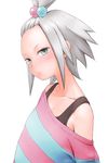  aqua_eyes bare_shoulders collarbone forehead freckles hair_bobbles hair_ornament homika_(pokemon) mochimomomo pokemon pokemon_(game) pokemon_bw2 shirt short_hair silver_hair solo striped striped_shirt topknot 