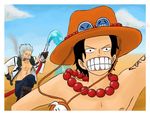  2boys alabasta black_hair blue_sky cigar freckles grey_hair hat hose jacket jewelry male male_focus marine multiple_boys necklace one_piece open_clothes open_jacket portgas_d_ace running sky smoker teeth topless water 