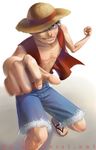  1boy black_hair brown_eyes clenched_hand fighting_stance fist hat hat_over_one_eye looking_at_viewer male male_focus monkey_d_luffy one_piece open_clothes open_vest red_vest sandals scar shorts solo straw_hat vest 