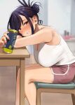  1girl absurdres beer_can bent_over black_hair blush breasts brown_eyes can chair commentary_request drunk elder_cousin_(igarashi_kyouhei) folded_hair hair_bun hair_ornament hairclip hanging_breasts highres igarashi_kyouhei large_breasts looking_at_viewer original solo table tank_top tied_hair white_tank_top 