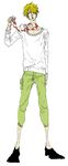  alternate_costume alternate_style blonde_hair full_body green_pants hair_over_one_eye male male_focus necktie one_piece one_piece:_strong_world pants sanji shirt simple_background solo standing striped striped_necktie sweater white_shirt 