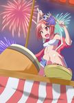  drum drumsticks fireworks highres hino_akane_(smile_precure!) instrument kamen_rider kamen_rider_hibiki kamen_rider_hibiki_(series) mask muruchi- precure red_eyes red_hair sarashi short_hair shorts smile_precure! solo taiko_drum taiko_sticks 